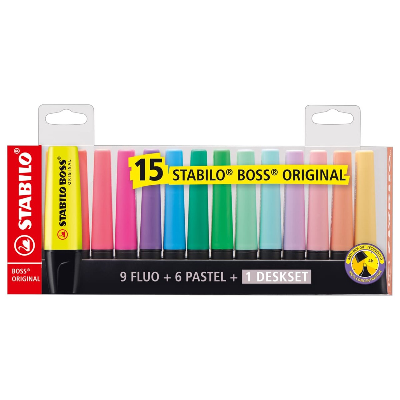 BOSS ORIGINAL Highlighters Set 15-Color (9 Fluorescent & 6 Pastel) Desk Set